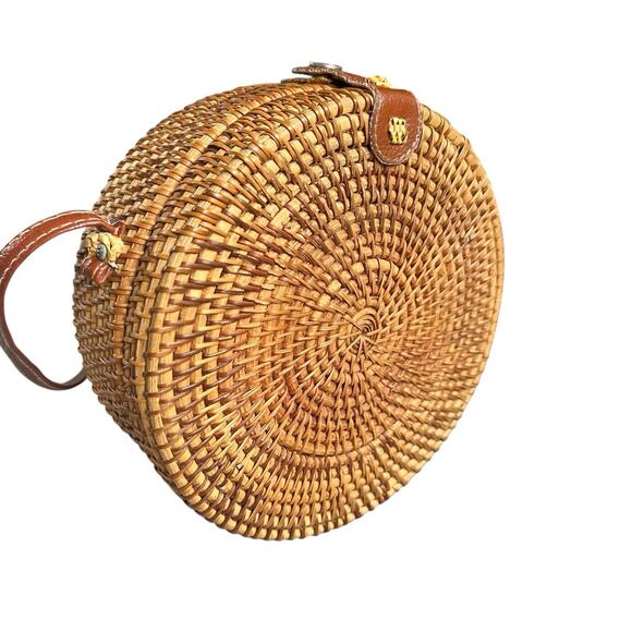 Round Rattan Straw Bag Wicker Purse Crossbody Faux Leather Strap Boho - Picture 5 of 12